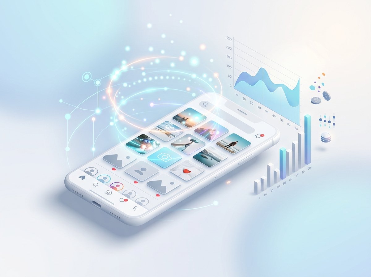 Interface visual do Instagram com fluxo de inteligência artificial e métricas de engajamento