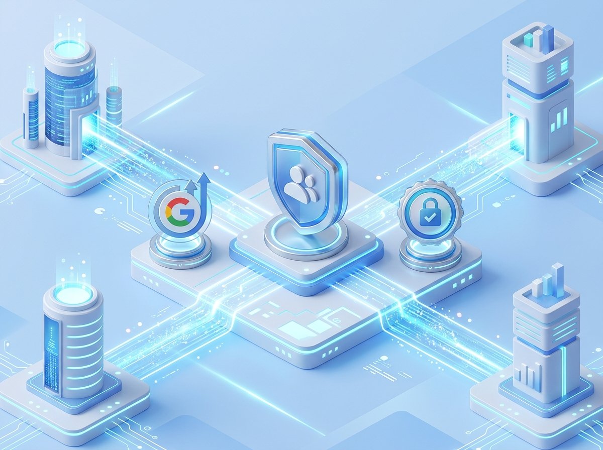 Ilustração 3D de backlinks externos de alta autoridade apontando para perfil social com selo de confiança e Google
