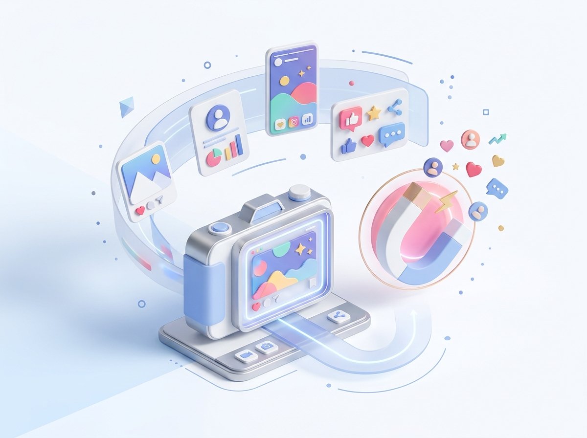 Ecossistema de branding do Instagram com câmera de stories e ímã de atração de audiência